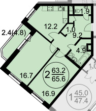 Двухкомнатная квартира 65.6 м²