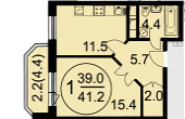 Однокомнатная квартира 44.9 м²