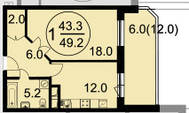 Однокомнатная квартира 49.2 м²