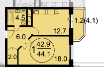 Однокомнатная квартира 44.1 м²